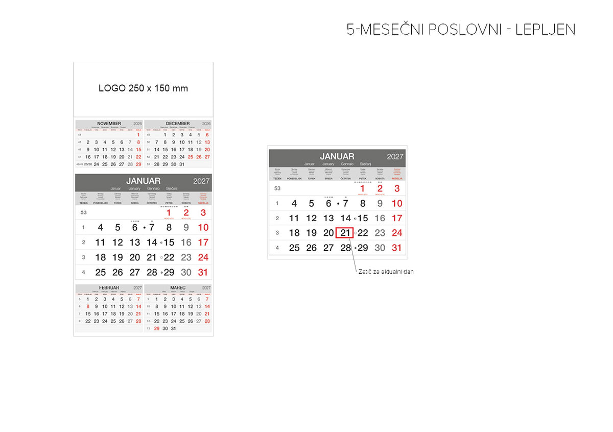 Koledar 5-MESEČNI POSLOVNI - LEPLJEN - SIV
