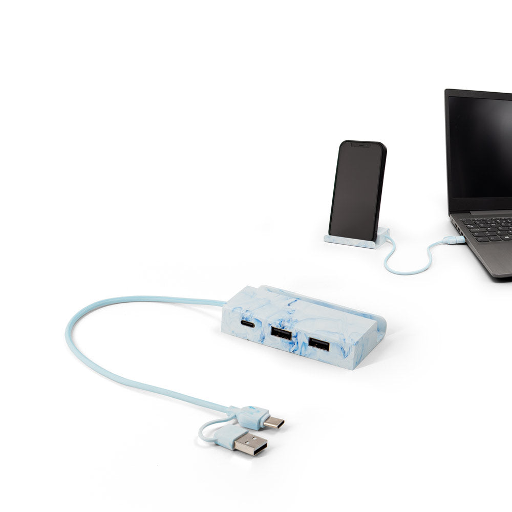 USB hub 2 v 1 iz recikliranega PET s stojalom za telefon