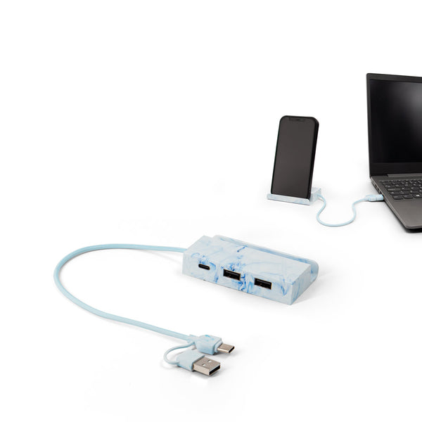 USB hub 2 v 1 iz recikliranega PET s stojalom za telefon