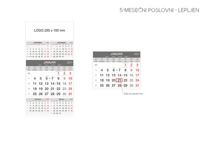 Koledar 5-MESEČNI POSLOVNI - LEPLJEN - SIV